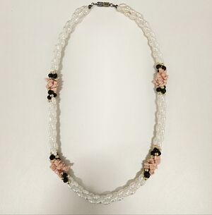 Vintage Elegant Mother of Pearl Coral and Black Onyx Necklace